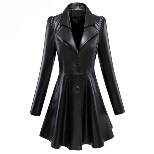 Nerazzurri Fit and flare faux leather coat notched lapel long sleeve puff sleeve Skirted Black Elegant leather blazer slim fit