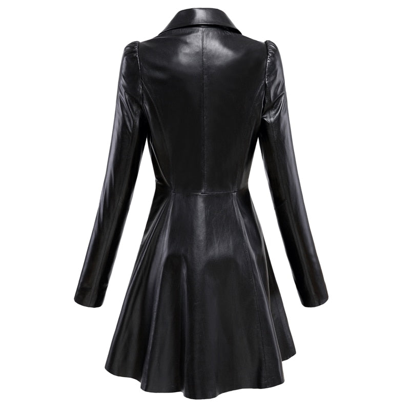 Nerazzurri Fit and flare faux leather coat notched lapel long sleeve puff sleeve Skirted Black Elegant leather blazer slim fit