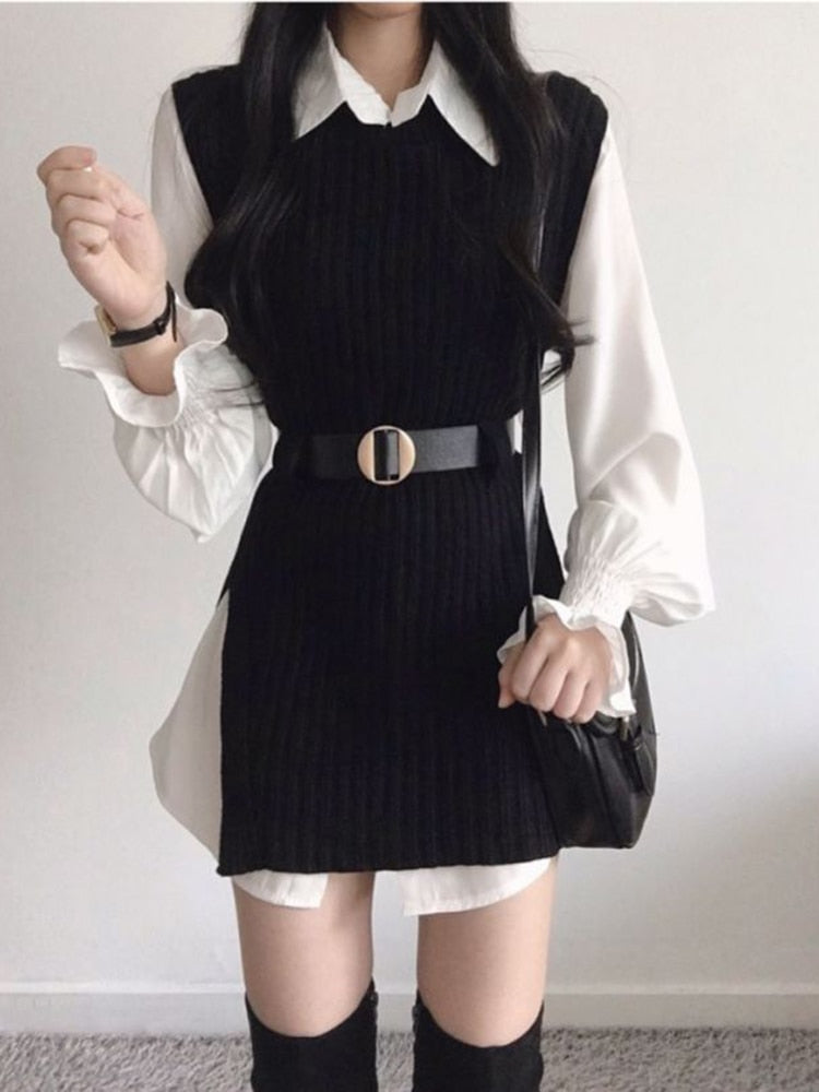 Spring Autumn Women's Lantern Sleeve Shirt Knitted Vest Two Piece Sets of College Style Waistband Vest Two Sets Top UK900