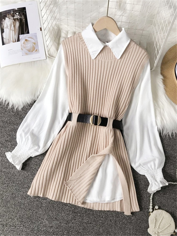 Spring Autumn Women's Lantern Sleeve Shirt Knitted Vest Two Piece Sets of College Style Waistband Vest Two Sets Top UK900