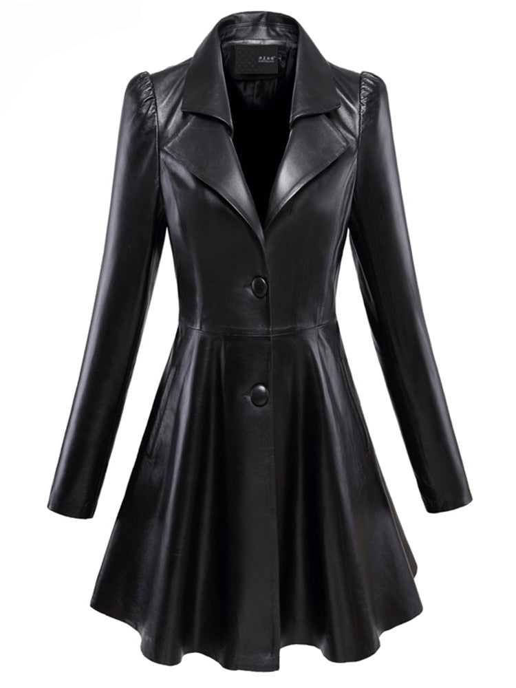 Nerazzurri Fit and flare faux leather coat notched lapel long sleeve puff sleeve Skirted Black Elegant leather blazer slim fit