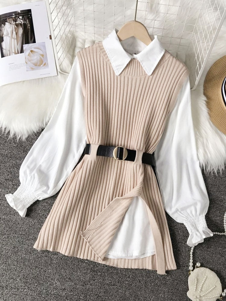 Spring Autumn Women's Lantern Sleeve Shirt Knitted Vest Two Piece Sets of College Style Waistband Vest Two Sets Top UK900