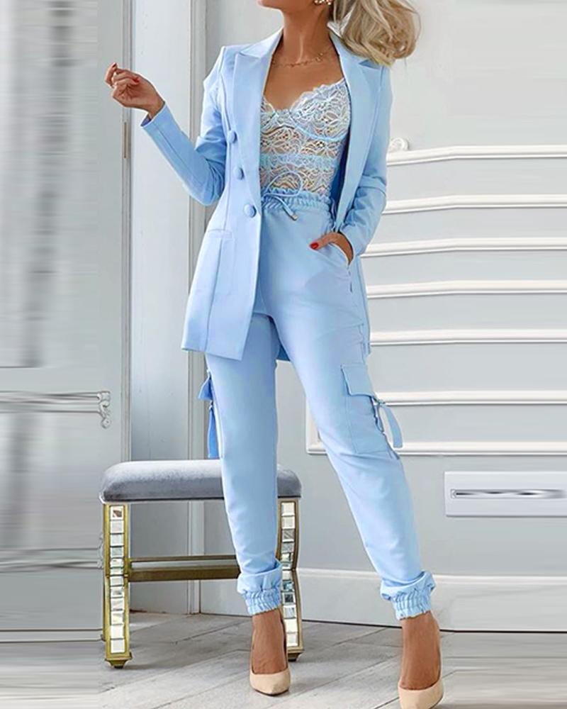 2-piece button suit jacket and pocket design pants suit