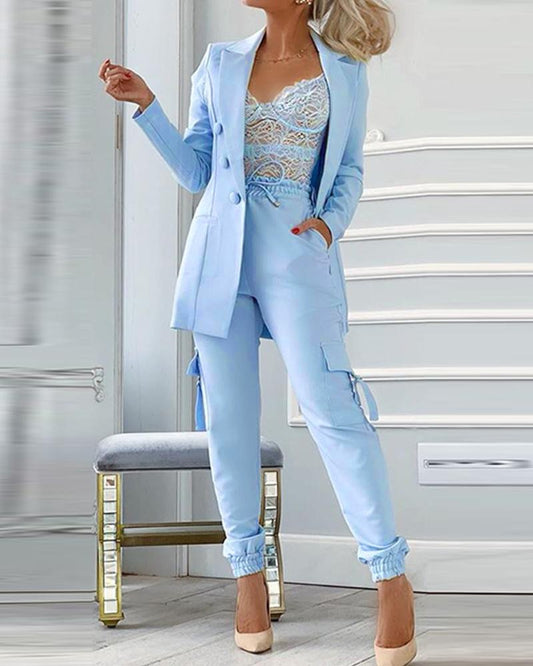 2-piece button suit jacket and pocket design pants suit