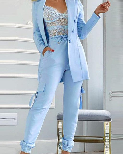 2-piece button suit jacket and pocket design pants suit