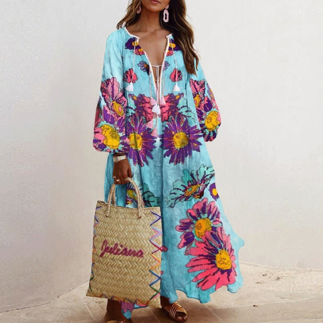 Women Elegant Floral Print Loose Dress Autumn Tassel Long Party Vintage Dress Casual V Neck Long Lantern Sleeve Ladies Dresses