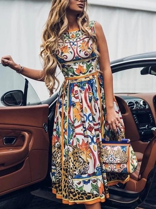 Women Retro Bohemian Print Dress Vestidos Female Sexy Sleeveless Round Neck Lady Party Dress Loose Party Elegant Dress Mujer 3XL